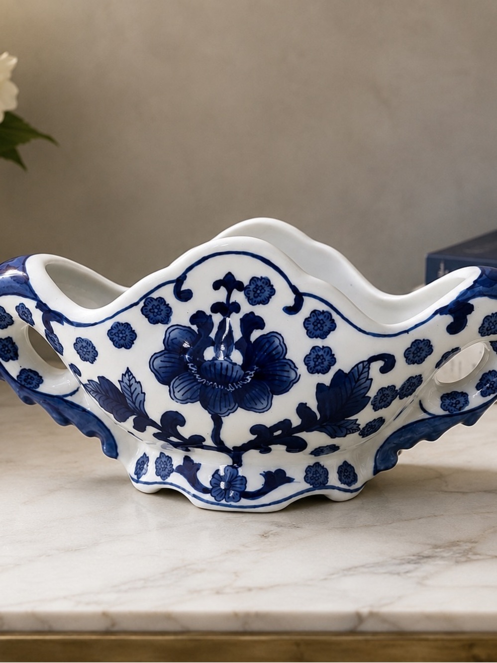 Blue and White Floral Delft Inspired Ceramic Centerpiece Bowl